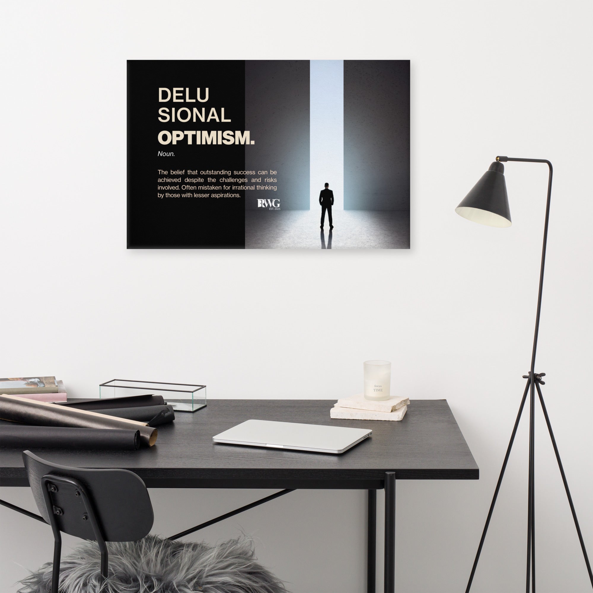 Cinematic RWG poster showing a man stepping into light with the affirmation ‘Delusional Optimism’ in bold minimalist typography.
