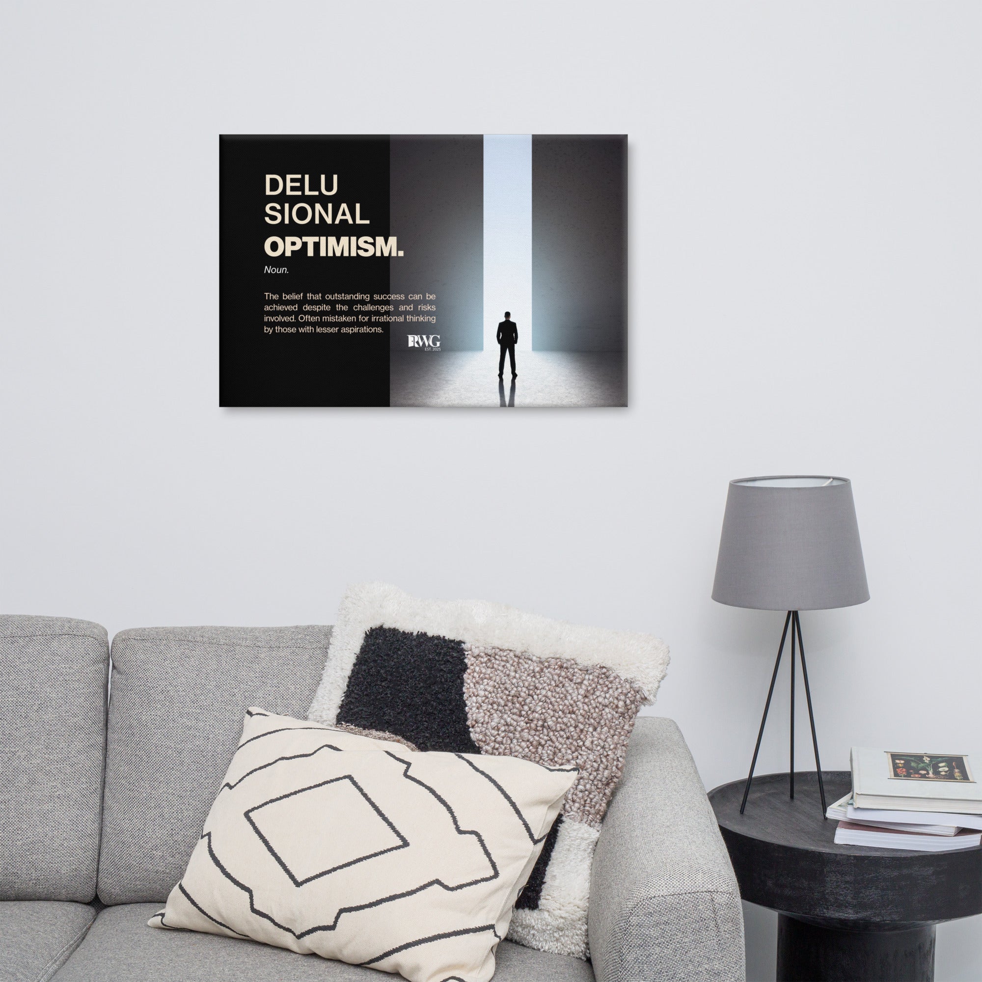 Cinematic RWG poster showing a man stepping into light with the affirmation ‘Delusional Optimism’ in bold minimalist typography.