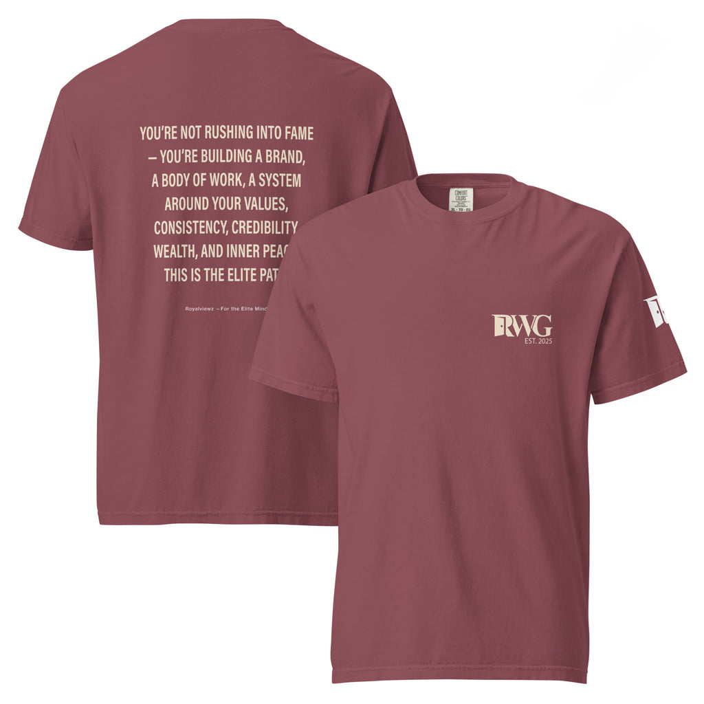Maroon t-shirt with text on the back and logo on the sleeve, displayed on a white background.