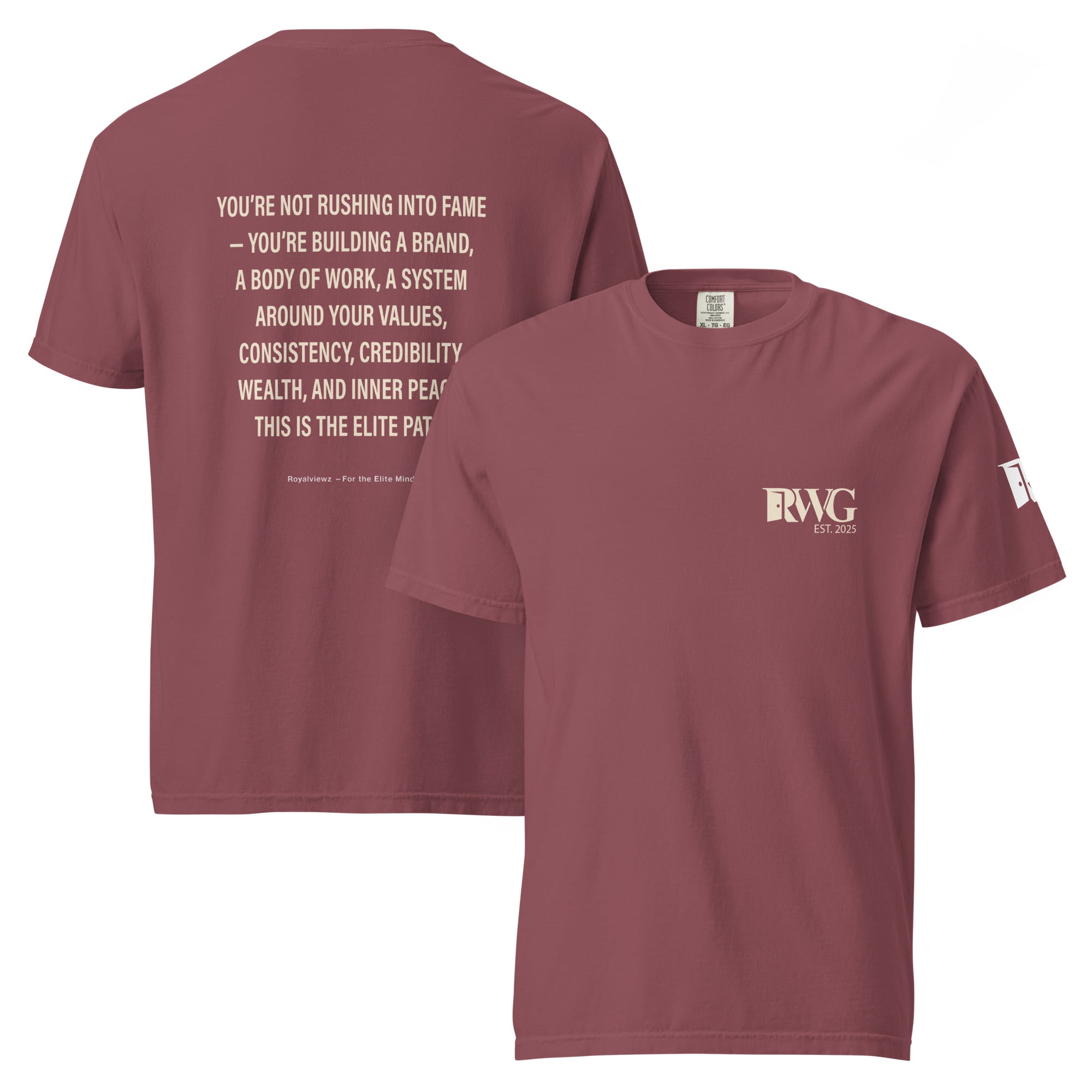 Maroon t-shirt with text on the back and logo on the sleeve, displayed on a white background.